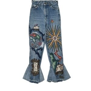 OOAK Handmade Embroidered Art Jeans Flare Denim Boho Festival Pants Sz 6 Vintage
